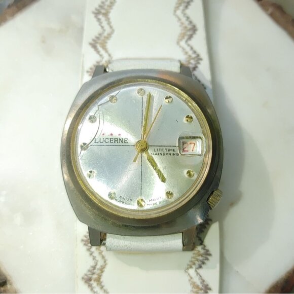Lucerne Watch White Leather Strap Gold Tone Dial Vintage Date Display Manual - Picture 1 of 15
